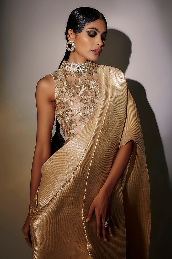 Cream Woven & Pleated Polyester Draped Skirt Set by Kiran Uttam Ghosh at Pernia's Pop Up Shop