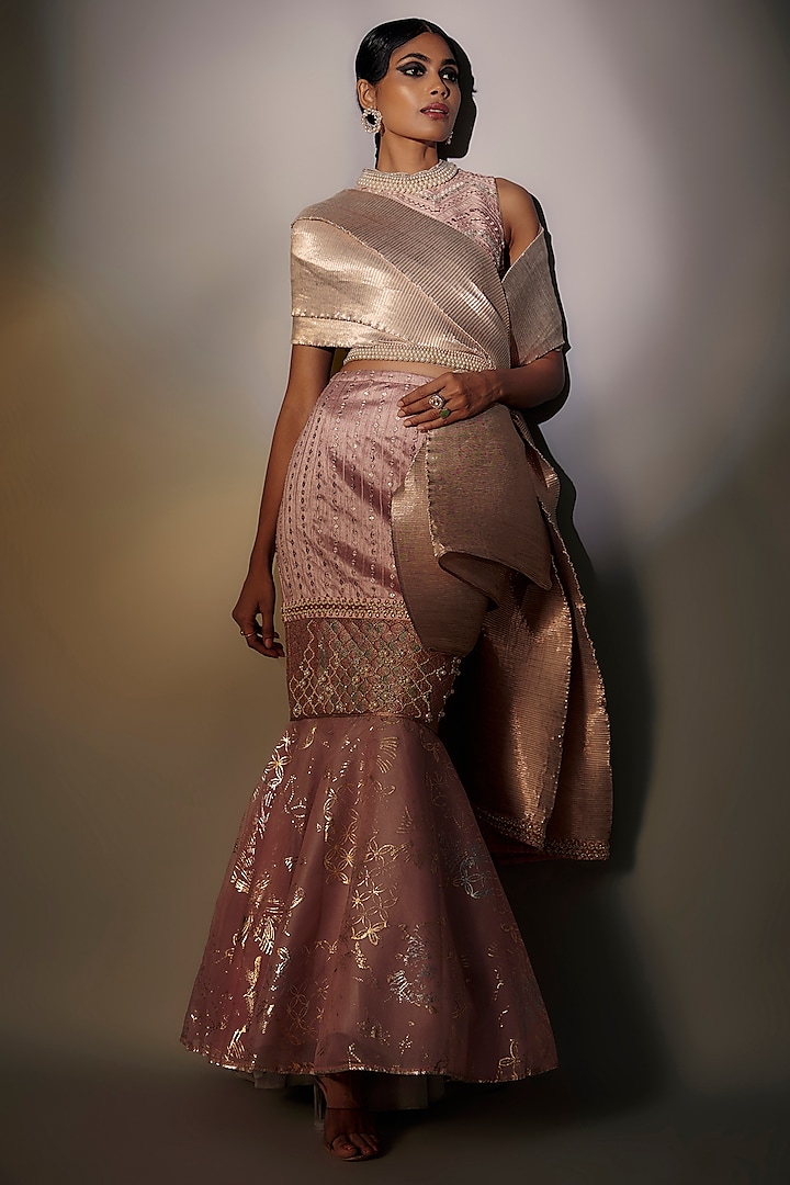 Salmon Woven & Pleated Polyester Draped Skirt Set by Kiran Uttam Ghosh