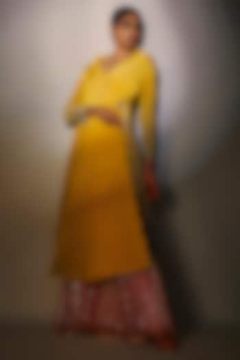Yellow & Grey Pleated Polyester Angrakha Kurta Set by Kiran Uttam Ghosh