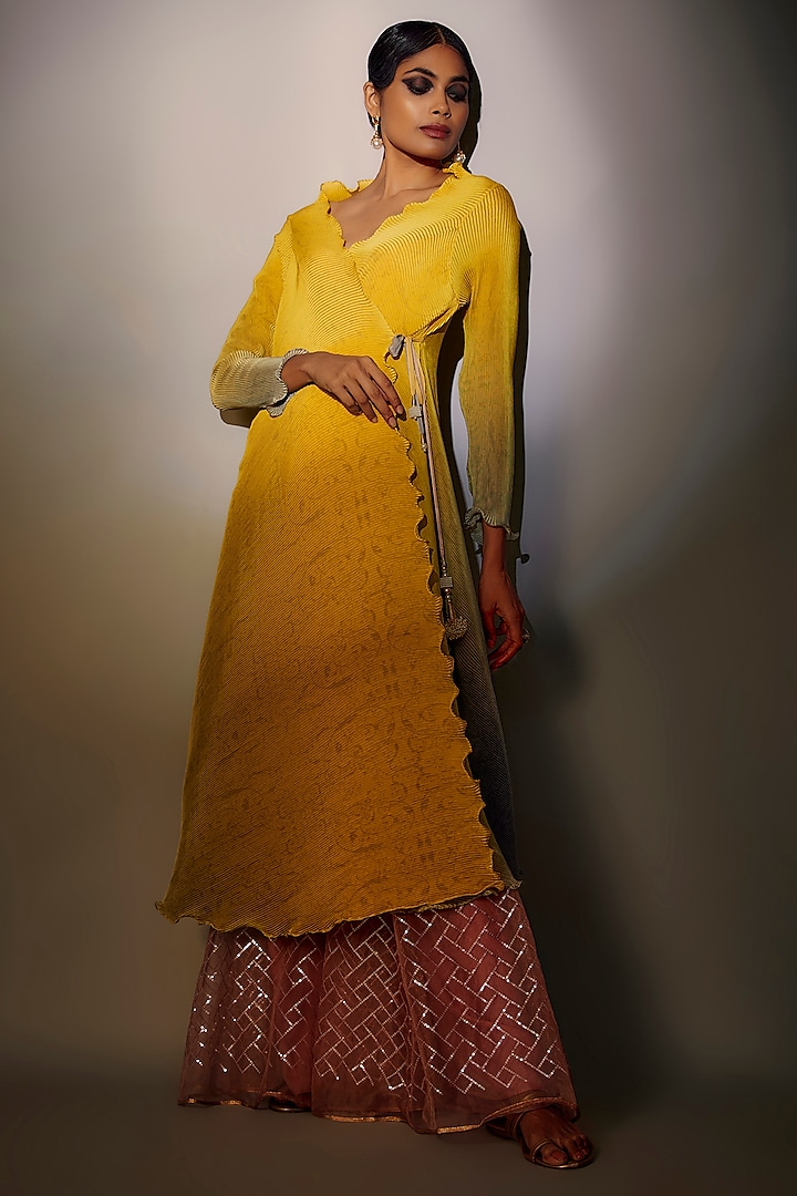 Yellow & Grey Pleated Polyester Angrakha Kurta Set by Kiran Uttam Ghosh