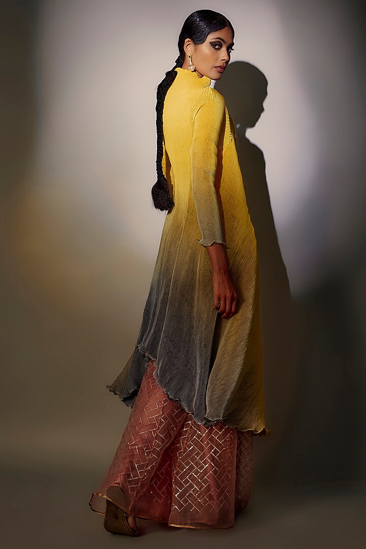 Yellow & Grey Pleated Polyester Angrakha Kurta Set by Kiran Uttam Ghosh at Pernia's Pop Up Shop