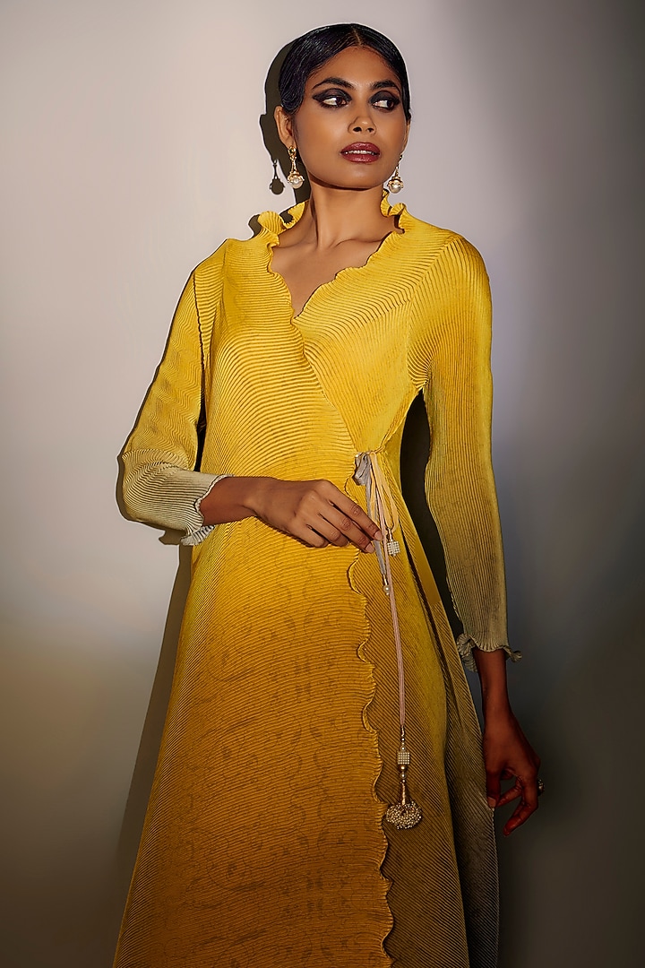 Yellow & Grey Pleated Polyester Angrakha Kurta Set by Kiran Uttam Ghosh at Pernia's Pop Up Shop