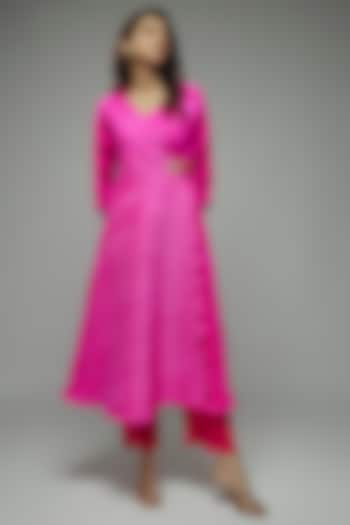 Pink Pleated Polyester Zardosi Embroidered Angrakha Kurta by Kiran Uttam Ghosh