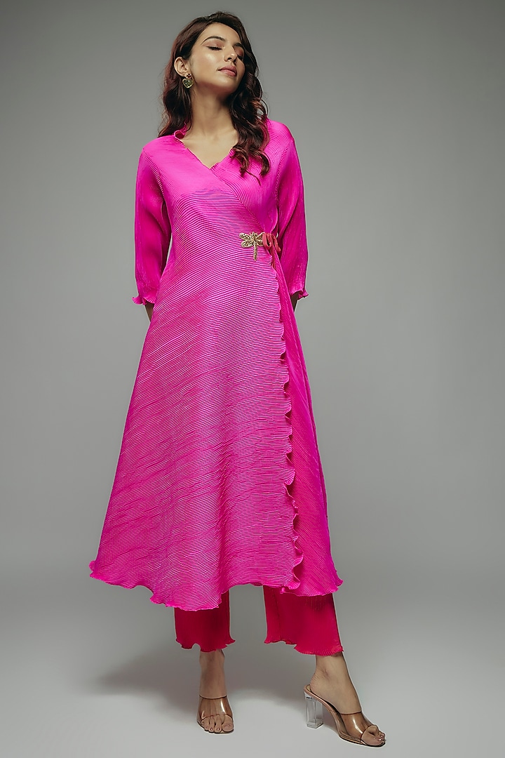 Pink Pleated Polyester Zardosi Embroidered Angrakha Kurta by Kiran Uttam Ghosh