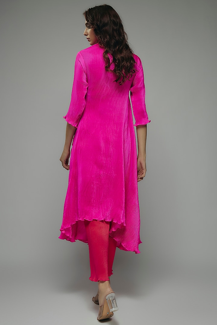 Pink Pleated Polyester Zardosi Embroidered Angrakha Kurta by Kiran Uttam Ghosh at Pernia's Pop Up Shop