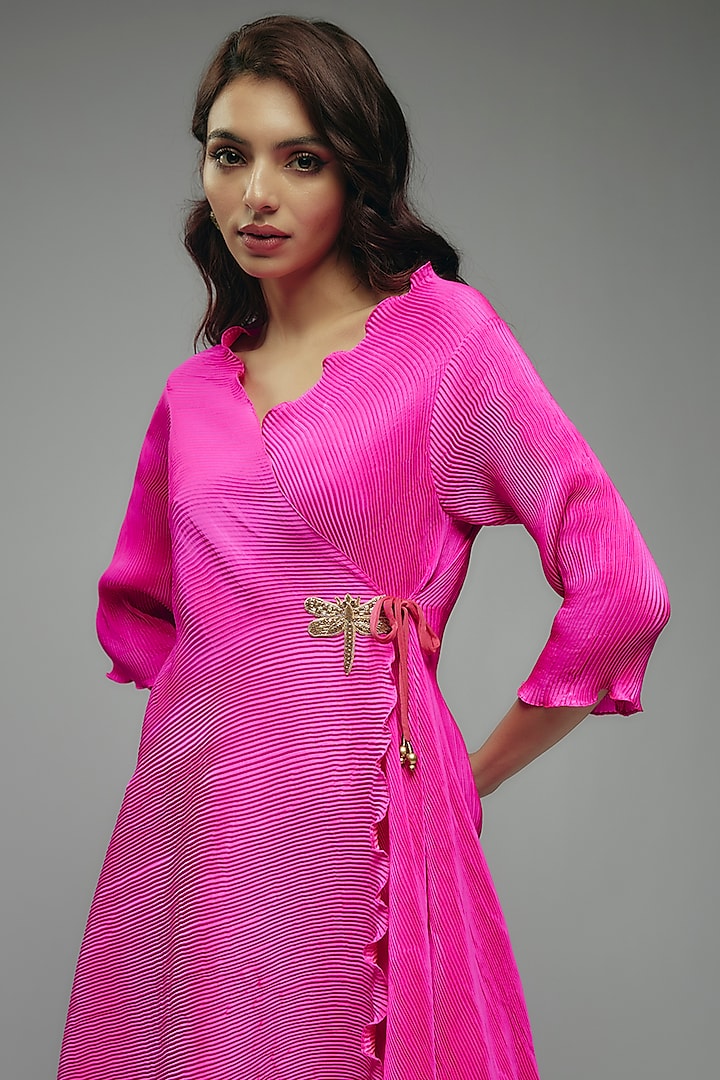 Pink Pleated Polyester Zardosi Embroidered Angrakha Kurta by Kiran Uttam Ghosh at Pernia's Pop Up Shop