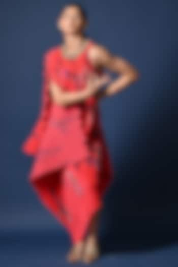 Red Pleated Polyester Digital Printed Draped Dress by Kiran Uttam Ghosh at Pernia's Pop Up Shop