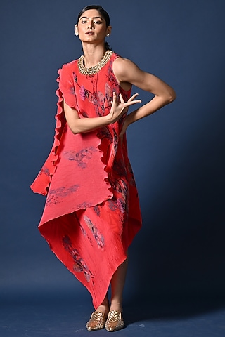 Red Pleated Polyester Digital Printed Draped Dress by Kiran Uttam Ghosh
