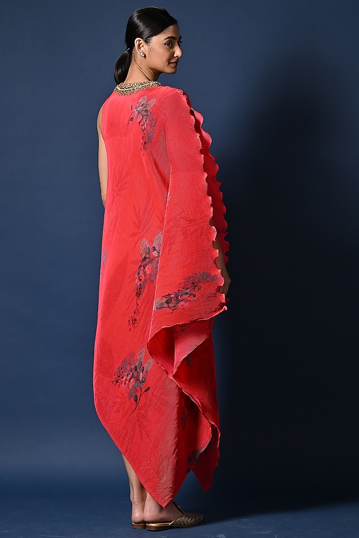 Red Pleated Polyester Digital Printed Draped Cocktail Dress by Kiran Uttam Ghosh at Pernia's Pop Up Shop