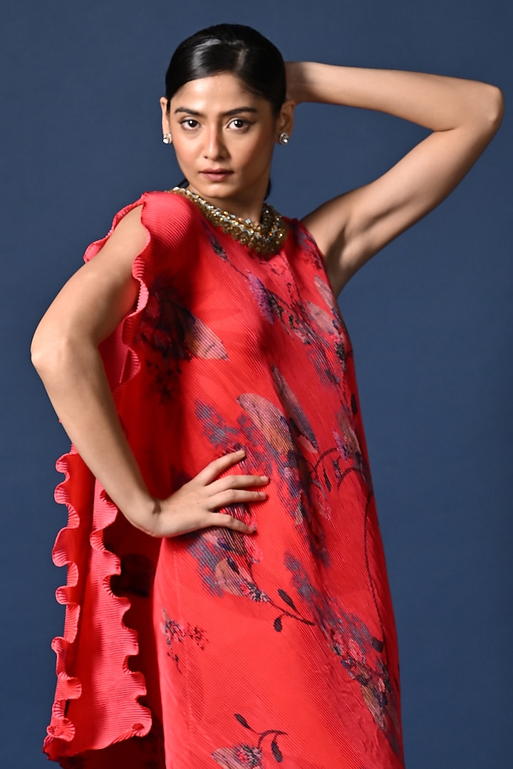 Red Pleated Polyester Digital Printed Draped Cocktail Dress by Kiran Uttam Ghosh at Pernia's Pop Up Shop