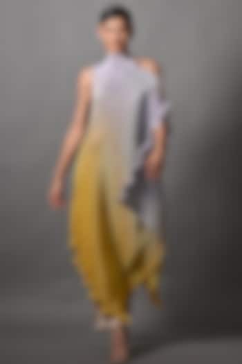Grey & Yellow Ombre Pleated Polyester Boota Embroidered Draped Tunic by Kiran Uttam Ghosh