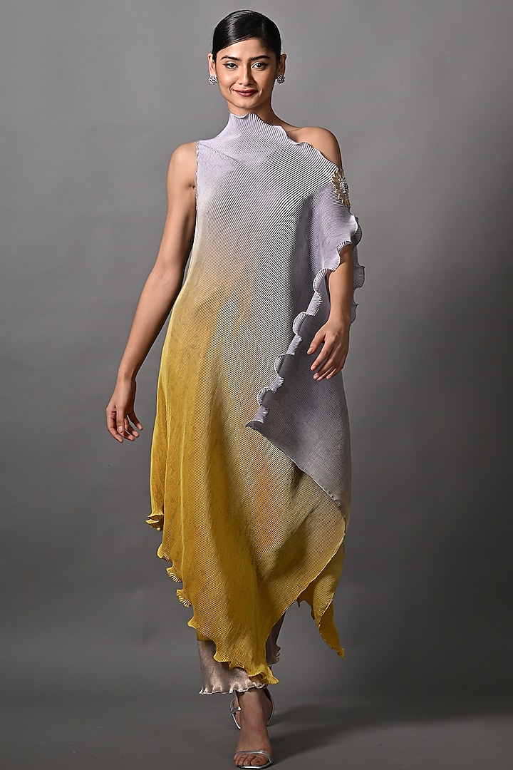 Grey & Yellow Ombre Pleated Polyester Boota Embroidered Draped Tunic by Kiran Uttam Ghosh