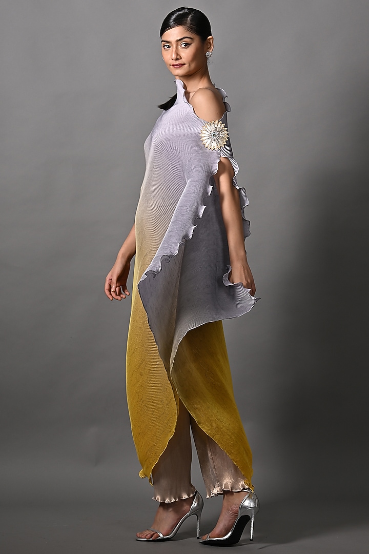 Grey & Yellow Ombre Pleated Polyester Boota Embroidered Draped Tunic by Kiran Uttam Ghosh at Pernia's Pop Up Shop