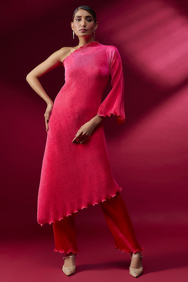 Pink Pleated Polyester Vacation Dress by Kiran Uttam Ghosh at Pernia's Pop Up Shop