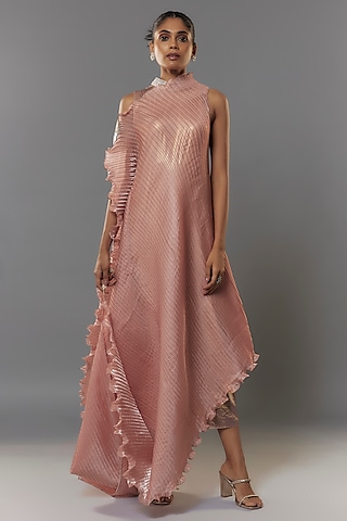 Pink Jersey Dress With Drape by Kiran Uttam Ghosh