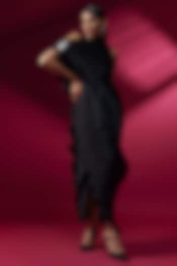 Black Pleated Polyester & Glass Nylon Draped Cocktail Dress by Kiran Uttam Ghosh at Pernia's Pop Up Shop