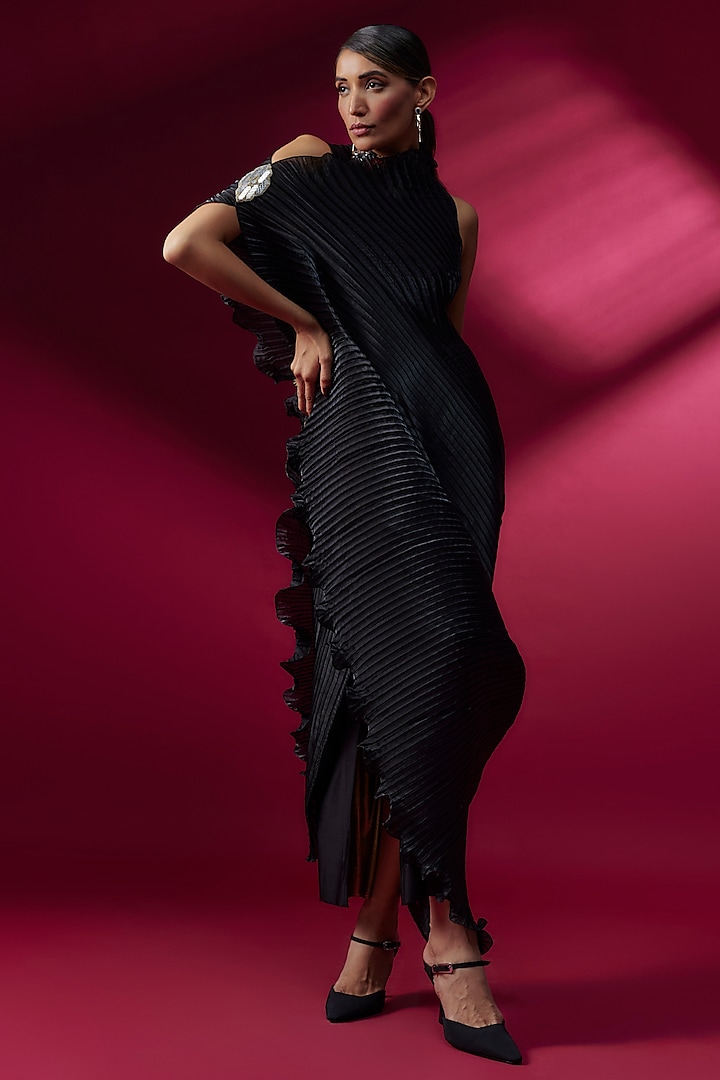 Black Pleated Polyester & Glass Nylon Draped Cocktail Dress by Kiran Uttam Ghosh at Pernia's Pop Up Shop