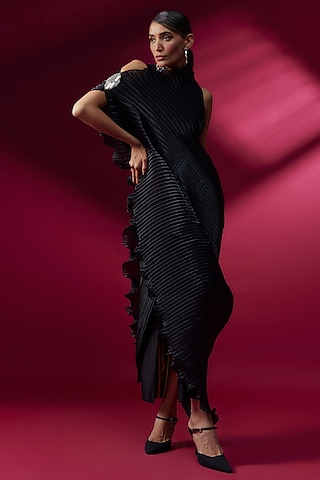 Black Pleated Polyester & Glass Nylon Draped Dress by Kiran Uttam Ghosh