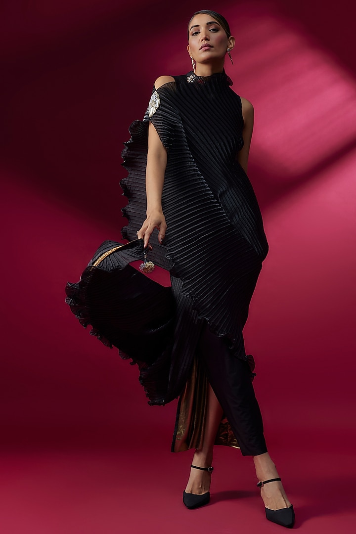 Black Pleated Polyester & Glass Nylon Draped Cocktail Dress by Kiran Uttam Ghosh at Pernia's Pop Up Shop
