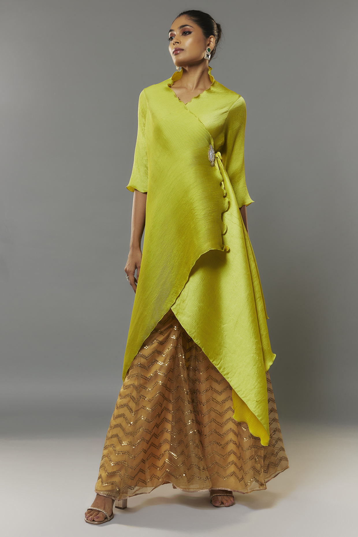 Lime Green Pleated Polyester Kurta by Kiran Uttam Ghosh at Pernia's Pop Up Shop