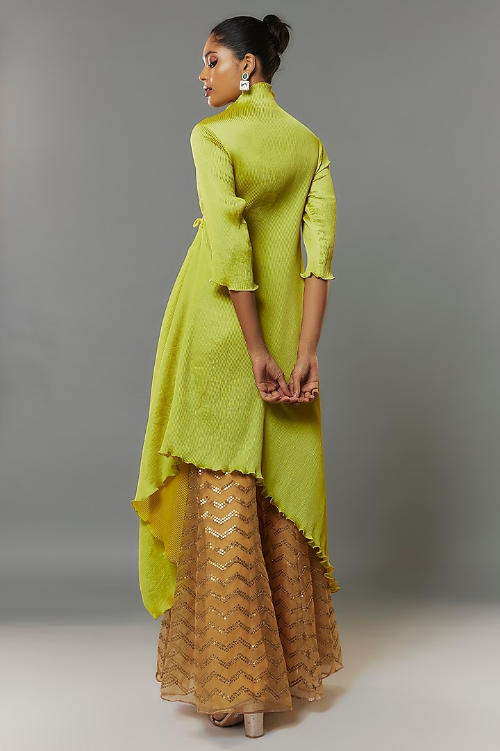Lime Green Pleated Polyester Kurta by Kiran Uttam Ghosh at Pernia's Pop Up Shop