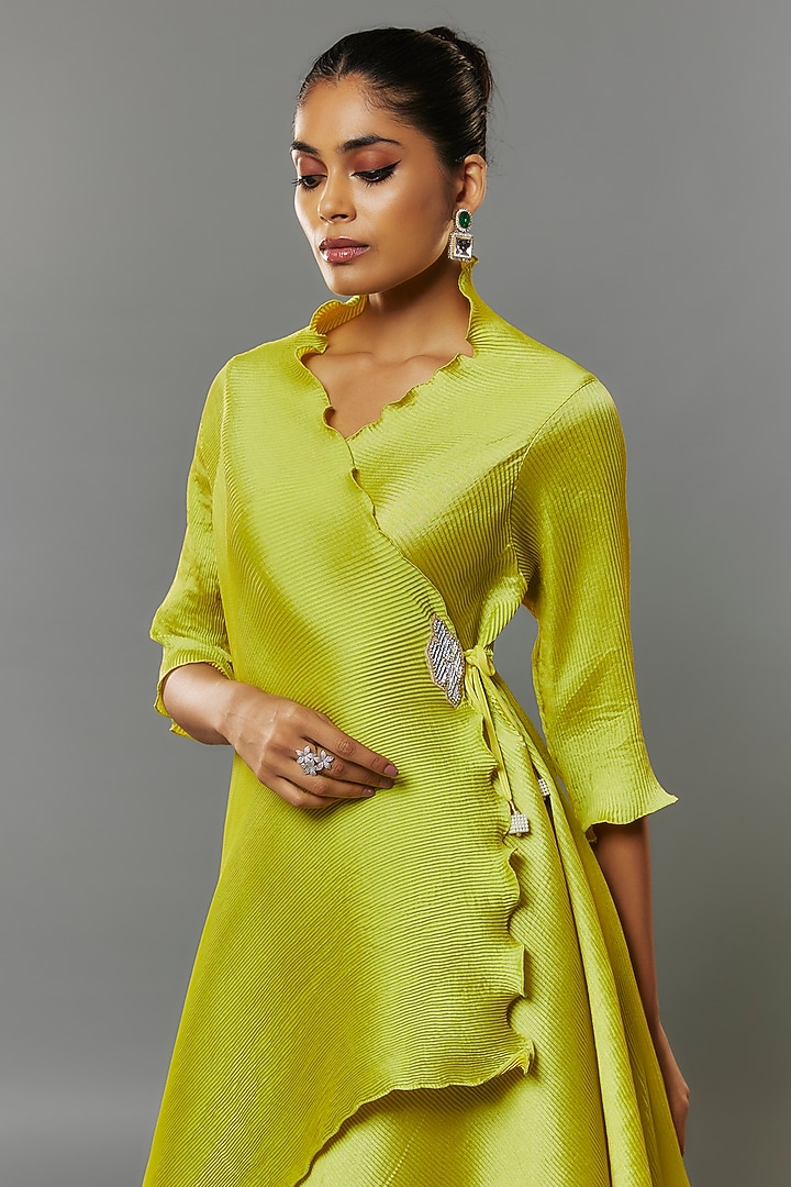 Lime Green Pleated Polyester Kurta by Kiran Uttam Ghosh at Pernia's Pop Up Shop
