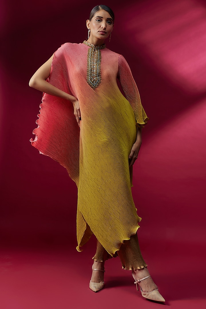 Yellow Pleated Polyester Kaftan Cocktail Dress by Kiran Uttam Ghosh at Pernia's Pop Up Shop