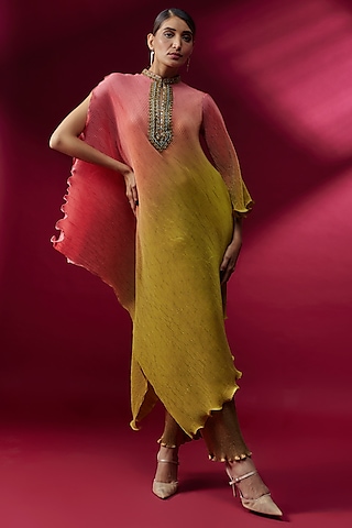 Yellow Pleated Polyester Kaftan Dress by Kiran Uttam Ghosh