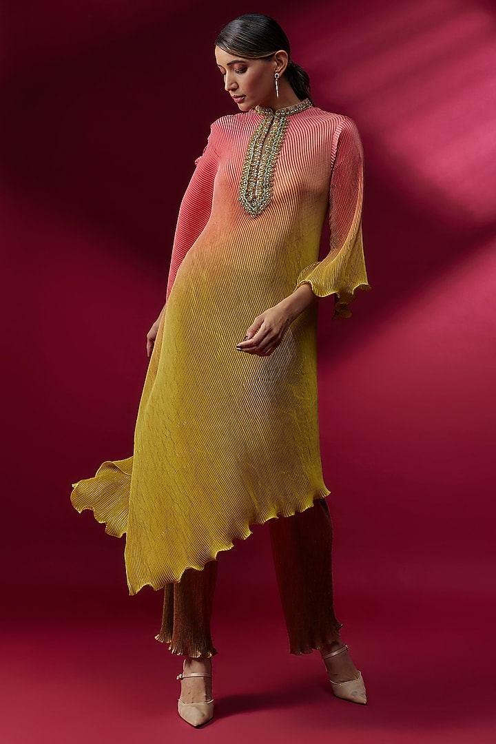 Yellow Pleated Polyester Kaftan Cocktail Dress by Kiran Uttam Ghosh at Pernia's Pop Up Shop