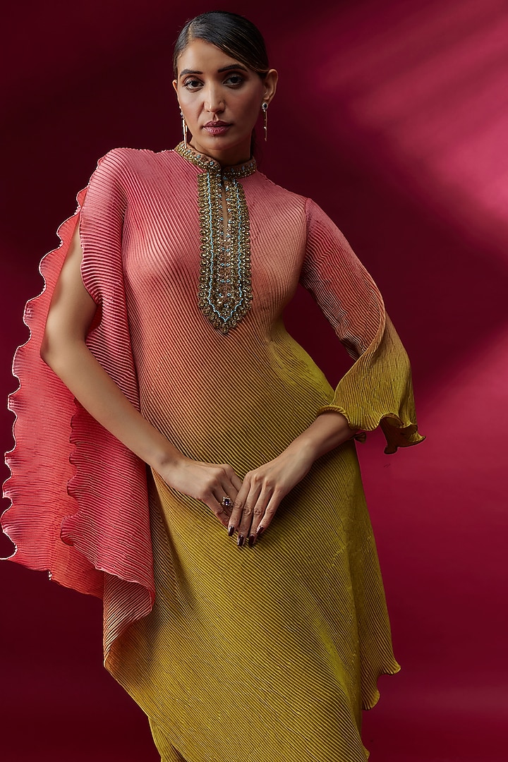 Yellow Pleated Polyester Kaftan Cocktail Dress by Kiran Uttam Ghosh at Pernia's Pop Up Shop
