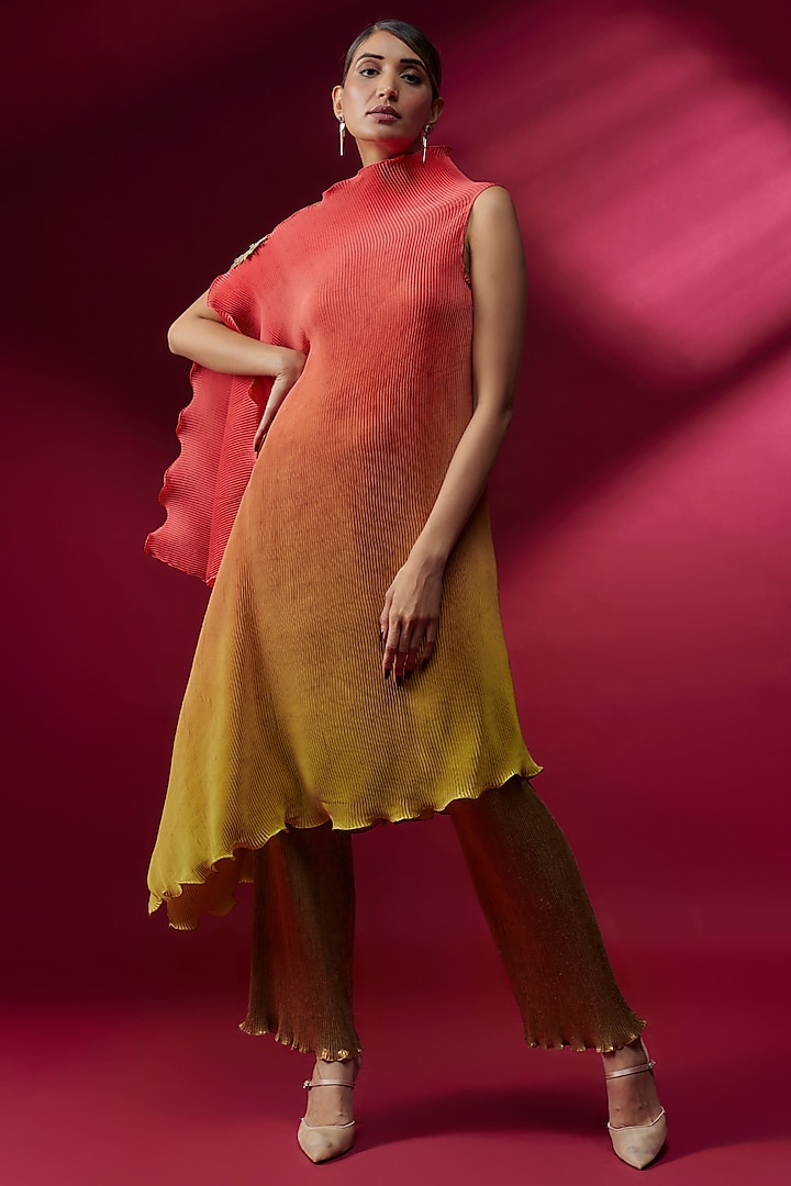 Yellow Pleated Polyester Draped Tunic by Kiran Uttam Ghosh at Pernia's Pop Up Shop