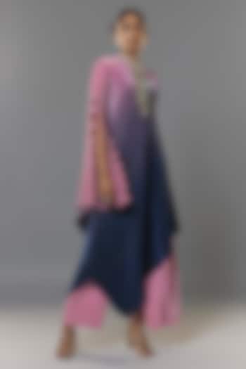 Pink & Navy Blue Pleated Polyester Kaftan by Kiran Uttam Ghosh at Pernia's Pop Up Shop