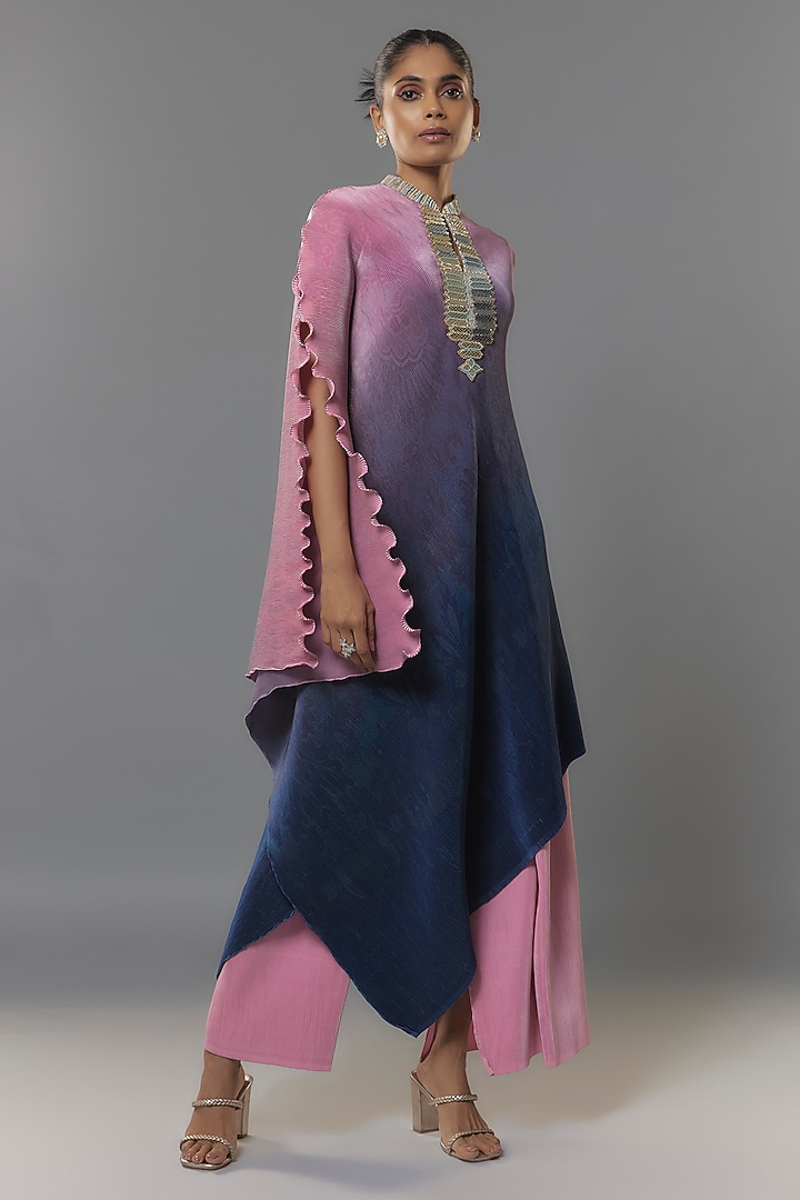 Pink & Navy Blue Pleated Polyester Kaftan by Kiran Uttam Ghosh at Pernia's Pop Up Shop