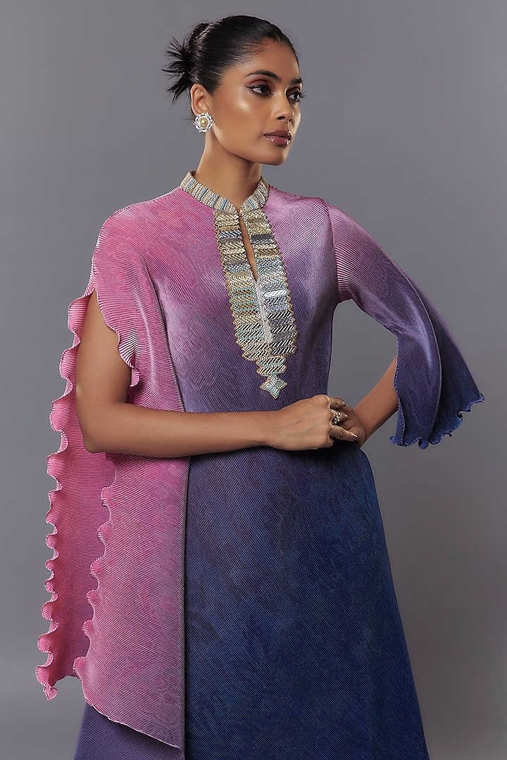 Pink & Navy Blue Pleated Polyester Kaftan by Kiran Uttam Ghosh at Pernia's Pop Up Shop