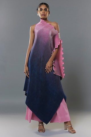 Pink & Navy Blue Pleated Polyester Tunic by Kiran Uttam Ghosh