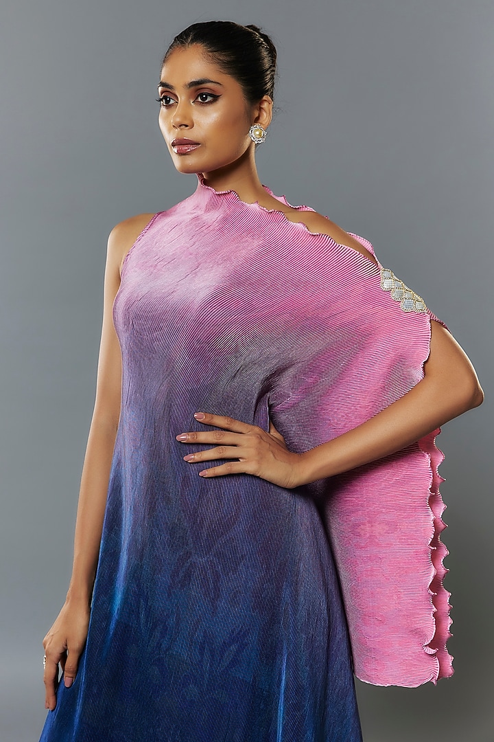 Pink & Navy Blue Pleated Polyester Tunic by Kiran Uttam Ghosh at Pernia's Pop Up Shop