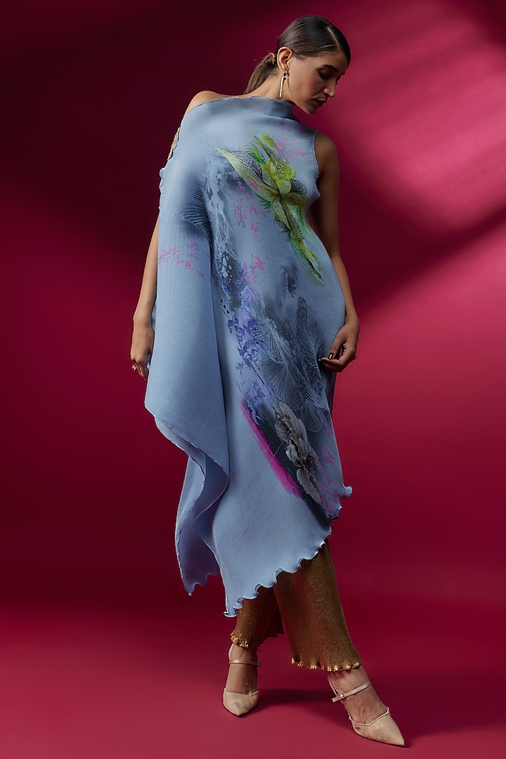Blue Pleated Polyester Draped Tunic by Kiran Uttam Ghosh at Pernia's Pop Up Shop