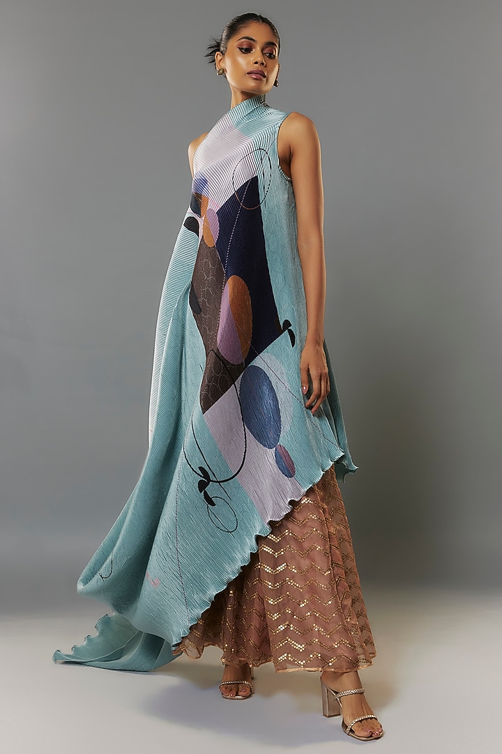Ice Blue Pleated Polyester Tunic by Kiran Uttam Ghosh at Pernia's Pop Up Shop