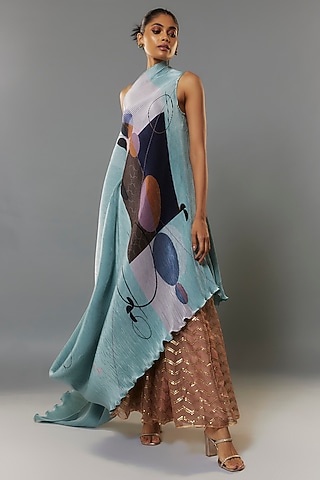Ice Blue Pleated Polyester Tunic by Kiran Uttam Ghosh
