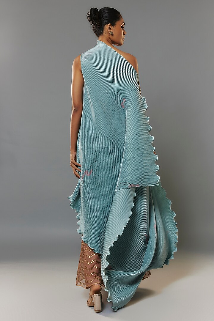 Ice Blue Pleated Polyester Tunic by Kiran Uttam Ghosh at Pernia's Pop Up Shop