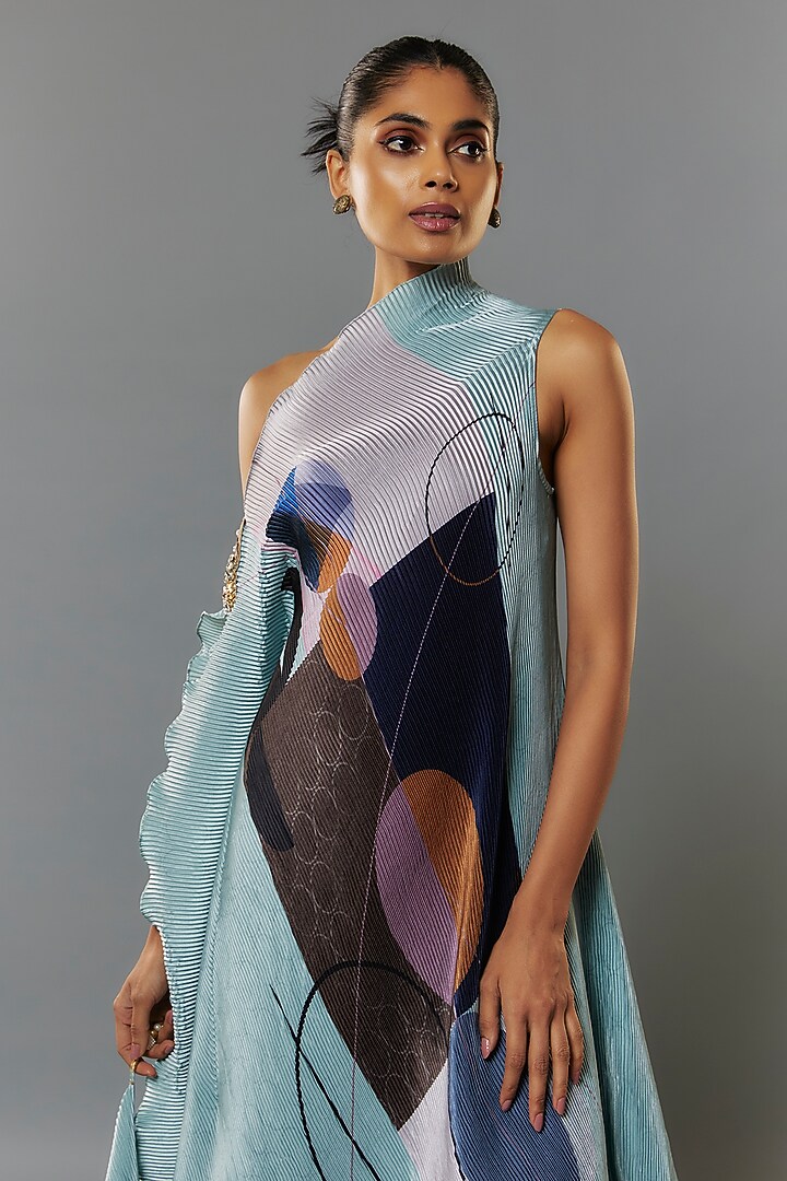 Ice Blue Pleated Polyester Tunic by Kiran Uttam Ghosh at Pernia's Pop Up Shop