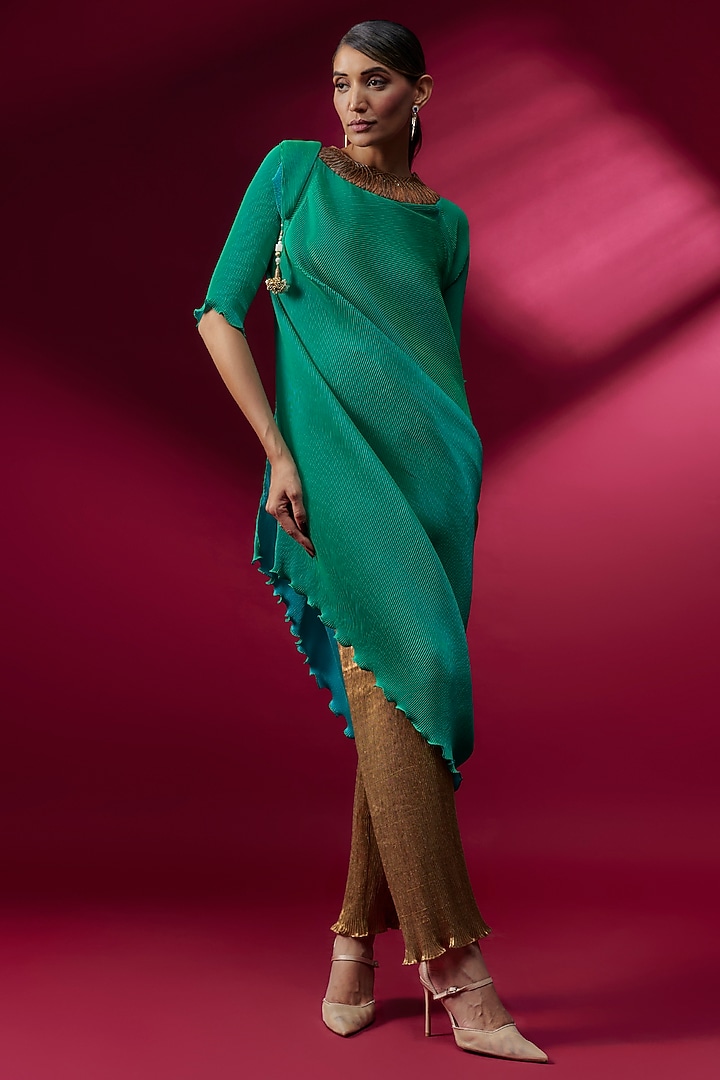 Green Pleated Polyester Wrap Tunic by Kiran Uttam Ghosh at Pernia's Pop Up Shop