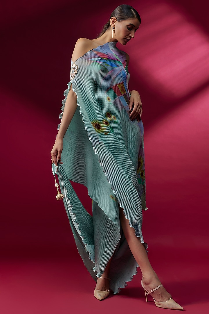 Green Pleated Polyester Draped Tunic by Kiran Uttam Ghosh at Pernia's Pop Up Shop