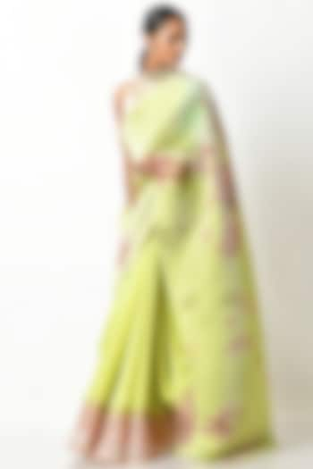 Lime Green Pleated Polyester Printed Saree Set by Kiran Uttam Ghosh at Pernia's Pop Up Shop