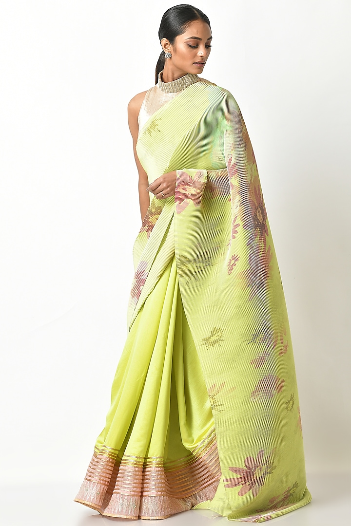 Lime Green Pleated Polyester Printed Saree Set by Kiran Uttam Ghosh