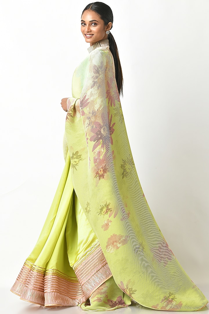 Lime Green Pleated Polyester Printed Wedding Saree Set by Kiran Uttam Ghosh at Pernia's Pop Up Shop