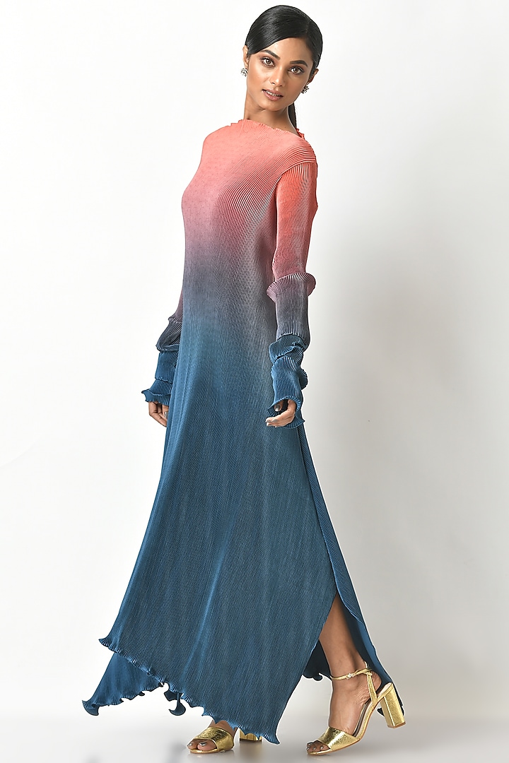 Coral & Navy Blue Kaftan Dress by Kiran Uttam Ghosh