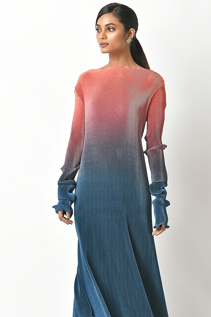 Coral & Navy Blue Kaftan Dress by Kiran Uttam Ghosh at Pernia's Pop Up Shop