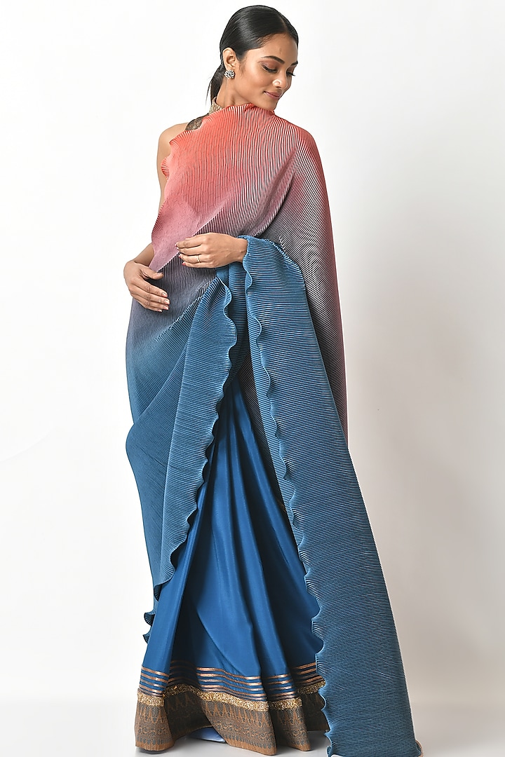 Coral & Navy Blue Pleated Saree Set by Kiran Uttam Ghosh