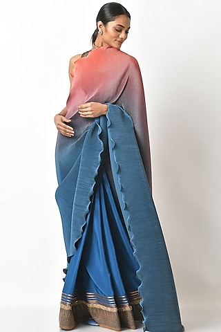Coral & Navy Blue Pleated Saree Set by Kiran Uttam Ghosh